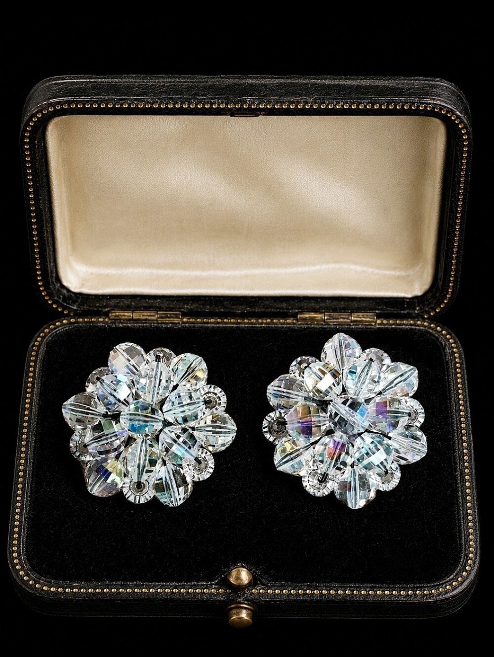 Aurora Borealis Round Vintage Wired On Crystal Clear Unsigned Clip Earrings